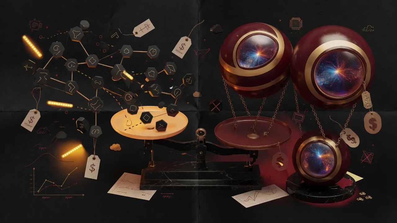 Lightweight and heavy AI model cost balance on a dark editorial field