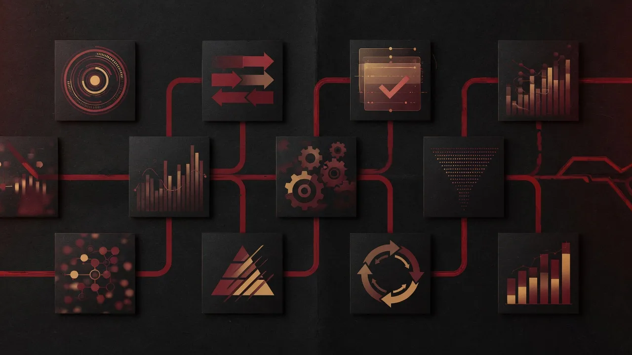 Eleven abstract business process tiles linked by review lines