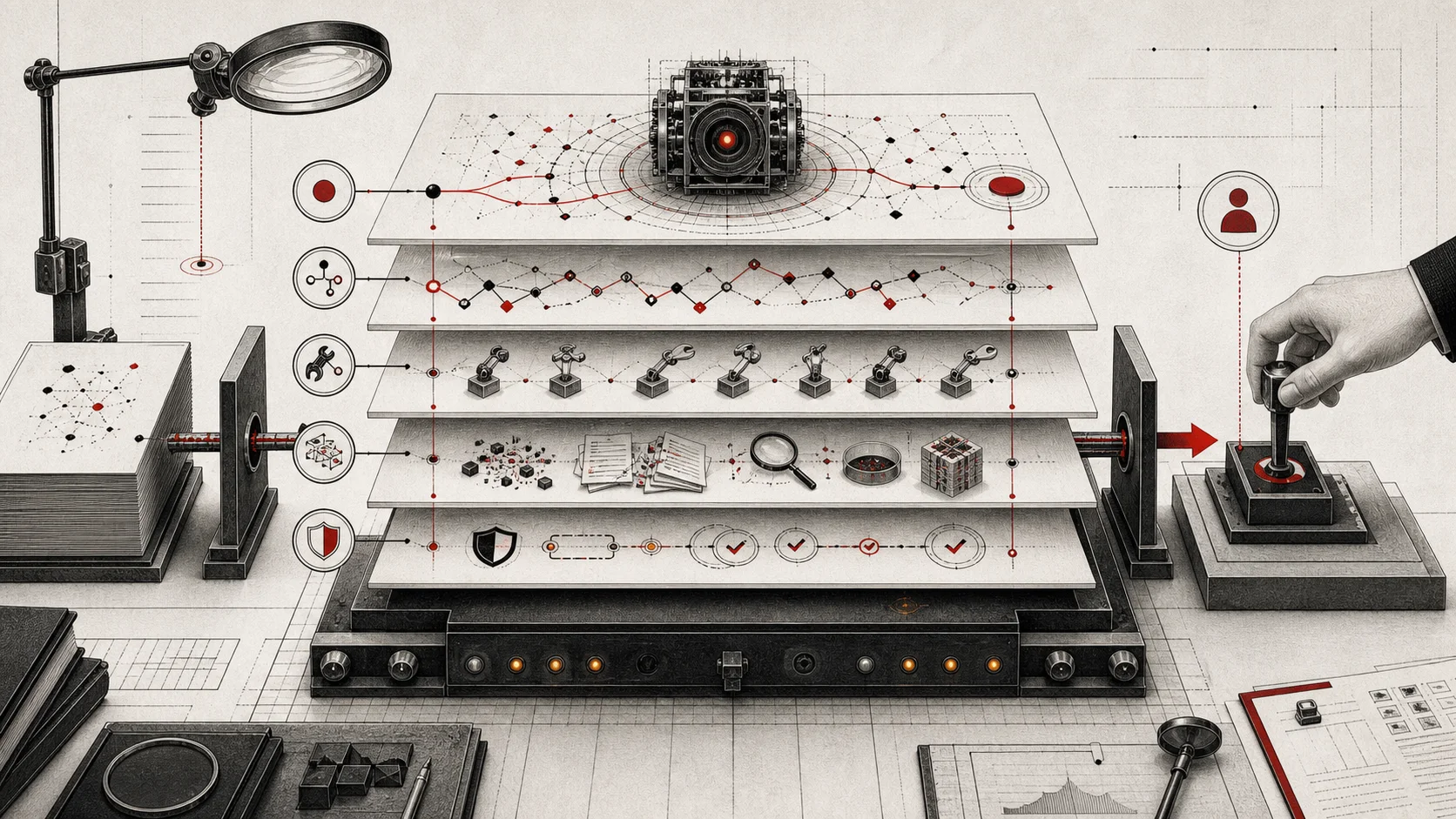 A forensic evaluation bench separating an AI agent into inspectable outcome, trajectory, tool, evidence, and policy layers