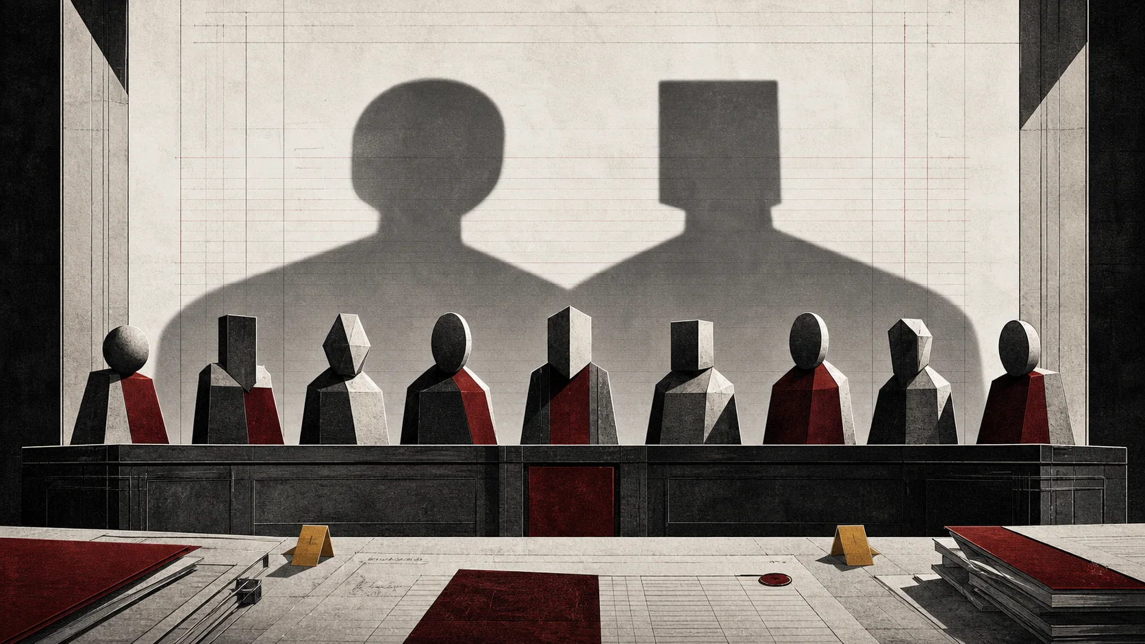Nine abstract AI judges casting only two distinct shadows, illustrating correlated model opinions