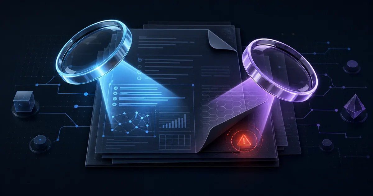 Two analytical lenses inspect the same document while the second reveals a hidden warning beneath an assumption layer