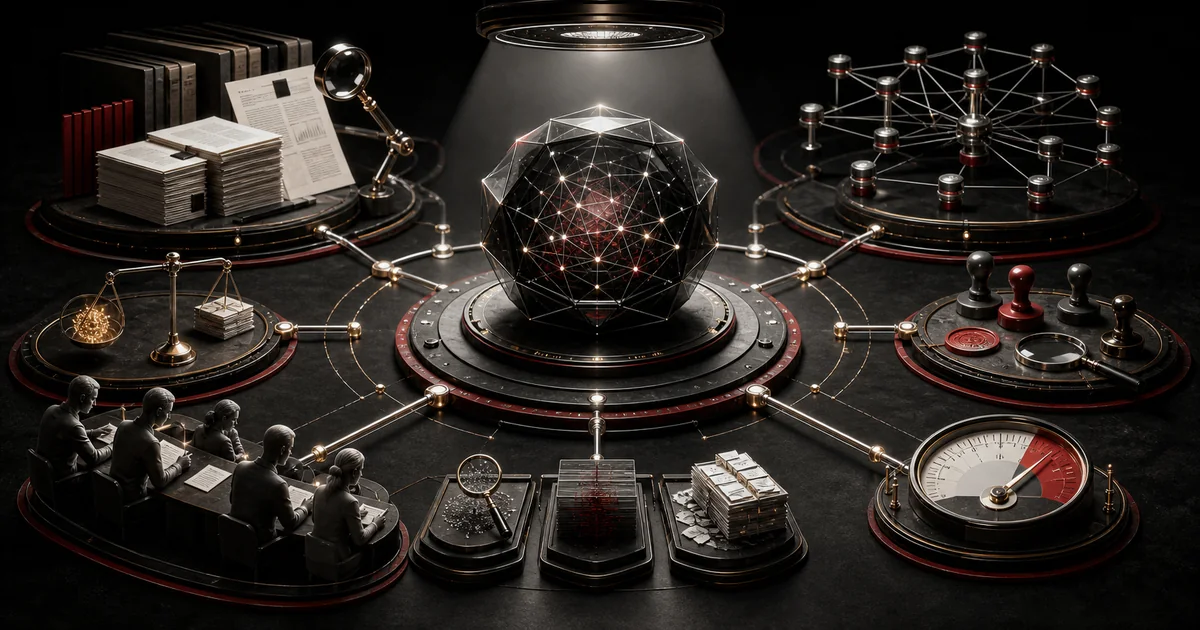 A language model under forensic inspection, connected to evidence, reviewers, and confidence controls