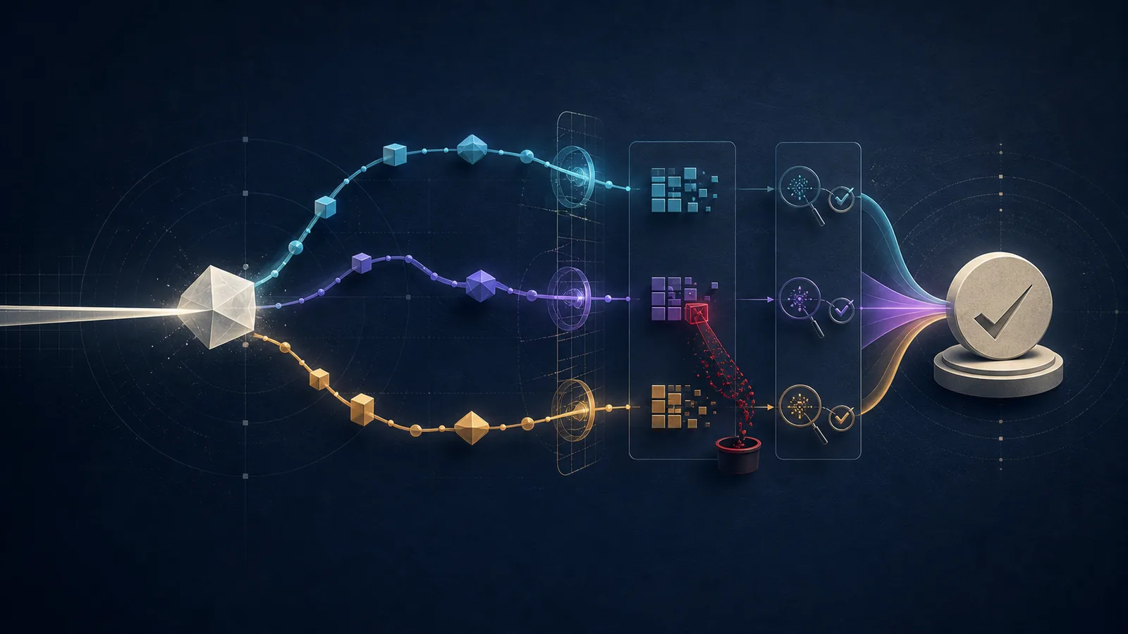 Independent reasoning paths challenge a fragile first answer before converging on a review verdict