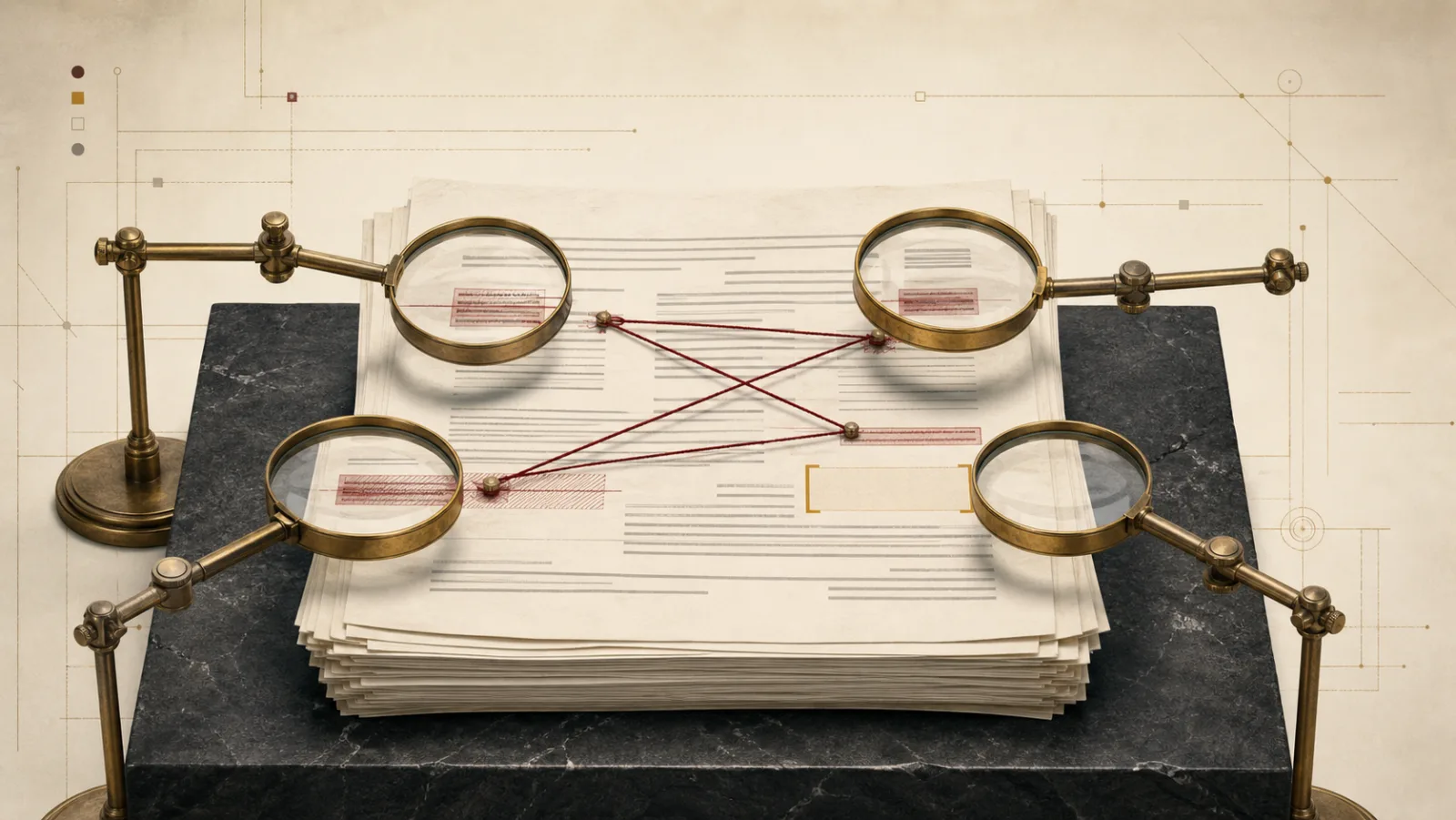 A stack of contract pages examined by four brass lenses with conflicting clauses connected by red threads