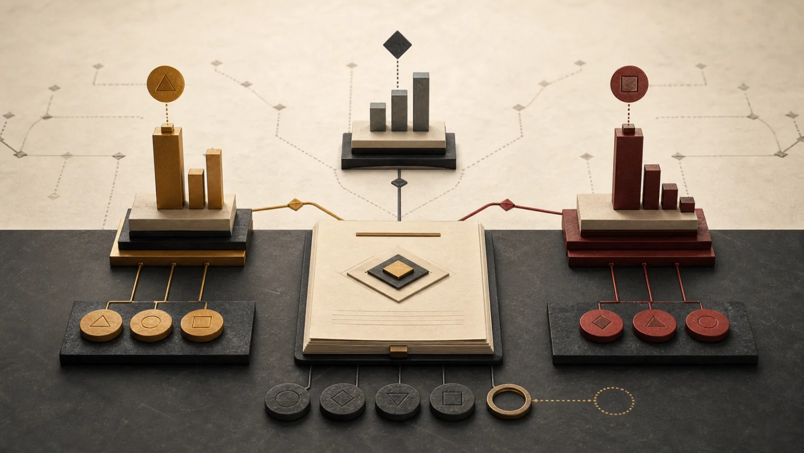 An investment memorandum connected to three abstract scenario towers and unresolved condition markers
