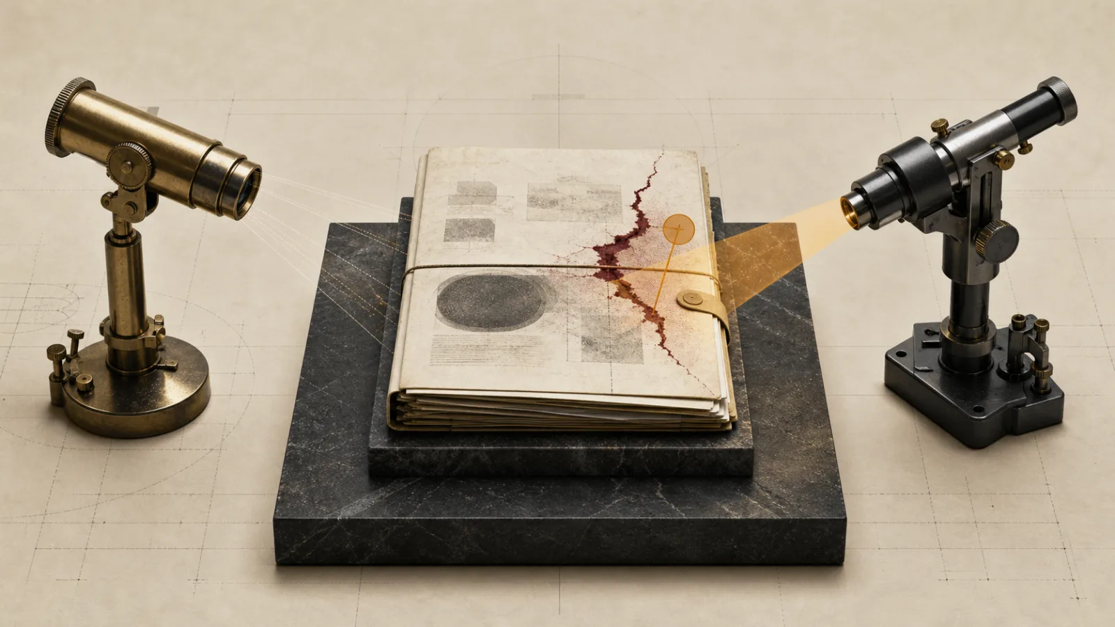 A decision dossier examined independently by two precision instruments revealing a hidden fault line