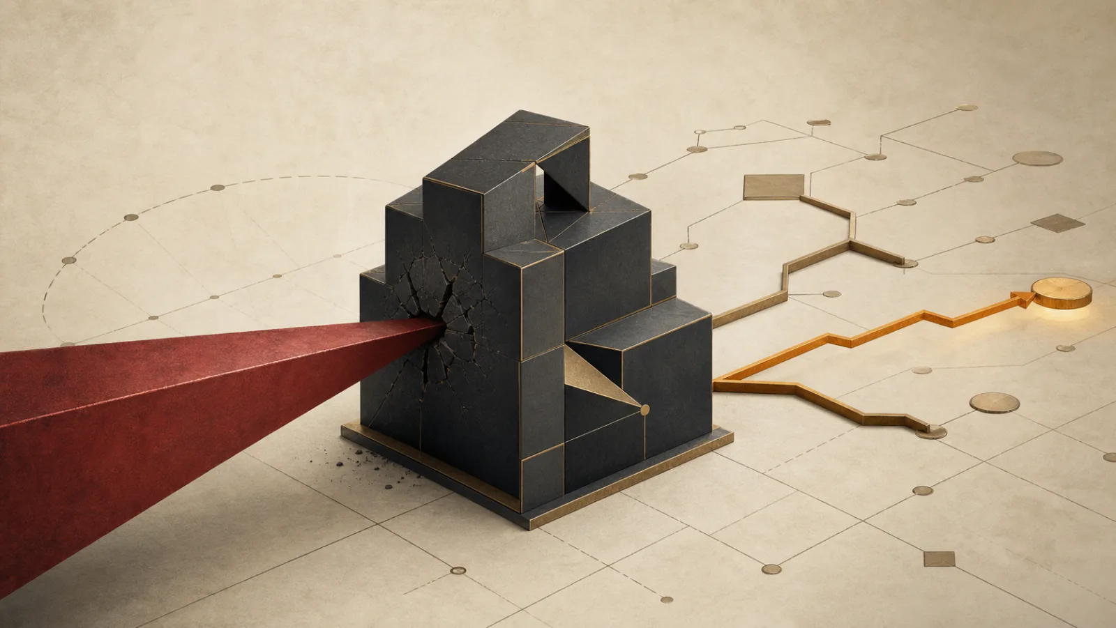 A red geometric wedge applying controlled pressure to the weakest joint in a dark business structure