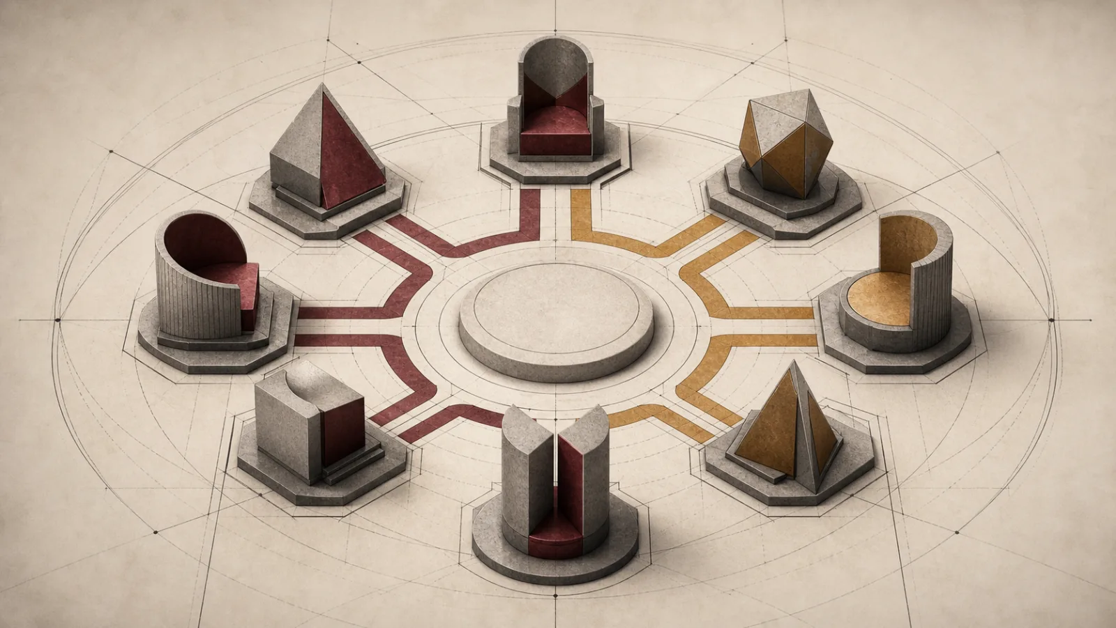 Seven distinct geometric council seats connected to an empty central verdict platform