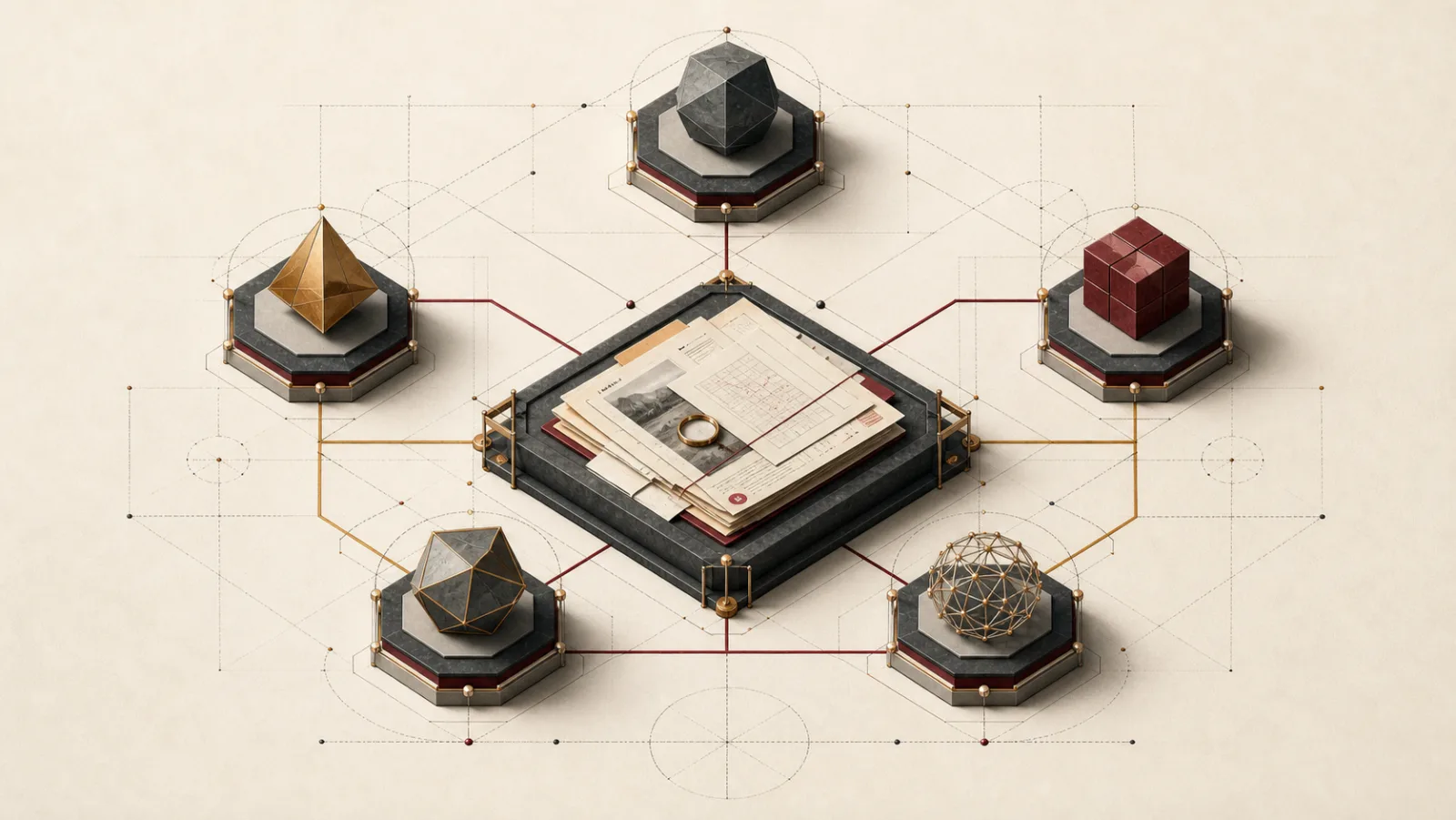 Five distinct geometric reasoning nodes reviewing one central evidence dossier